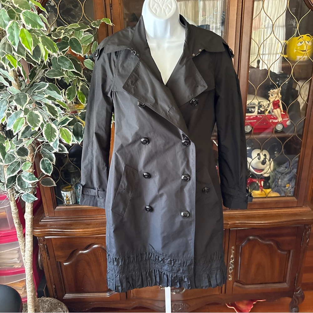 Burberry London Double Breasted Black Trench Rain Coat Jacket Ruffle Womens US 6